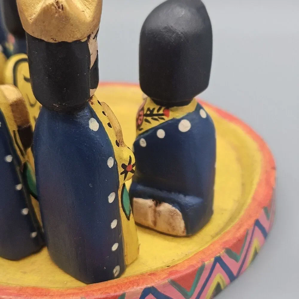 Handpainted Wooden Nativity Set Folk Art Colorful Table Piece Handcarved Mexico